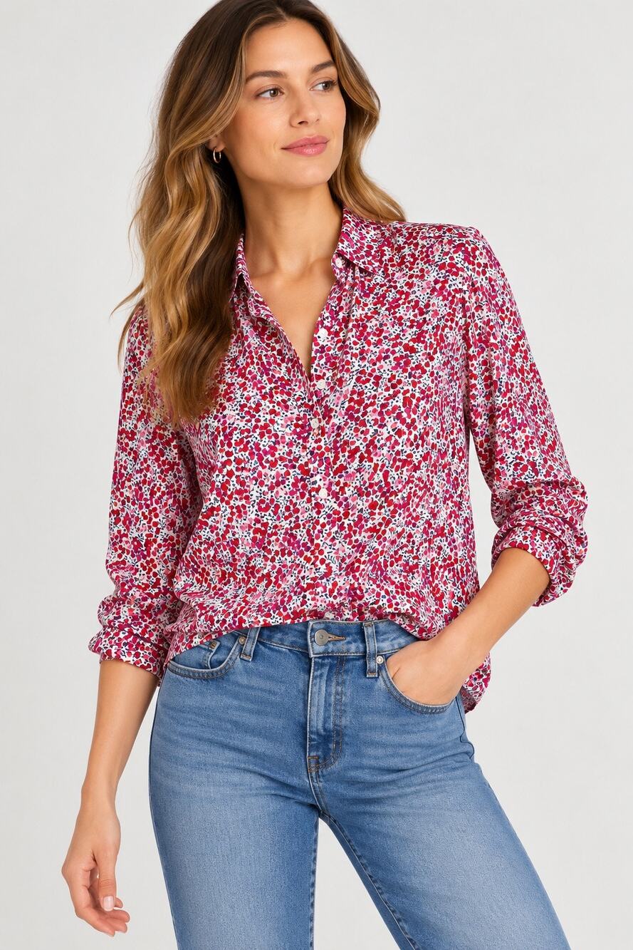 J.Crew Liberty Art Fabrics Red Floral Cotton Button Down Shirt Blouse Size 8
